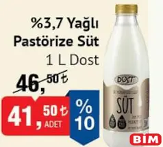 DOST %3,7 YAĞLI PASTÖRİZE SÜT 1 L fiyat ve kampanya bilgisi